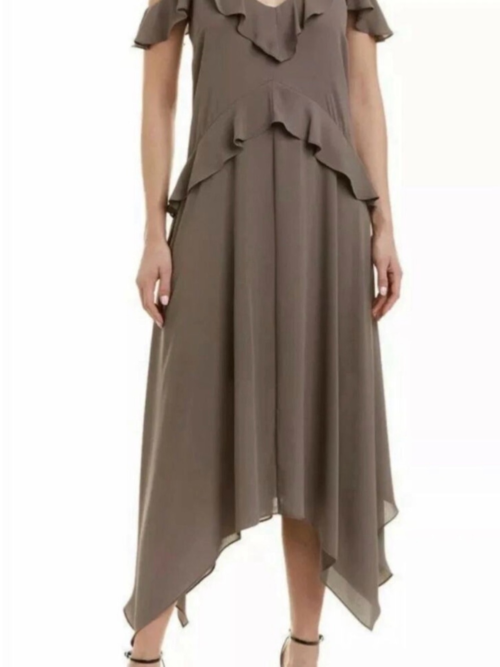 BCBGMaxAzria Taupe Ruffle High-Low Dress